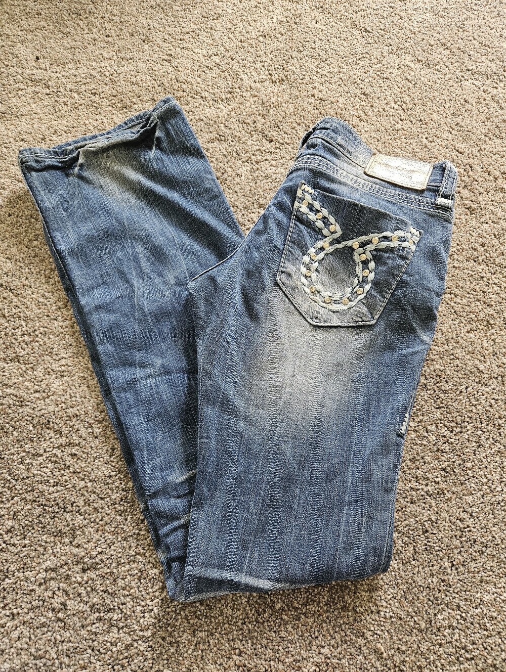 Big Star Distressed Rhinestone Pocket Light Wash Mid Rise Bootcut Jeans